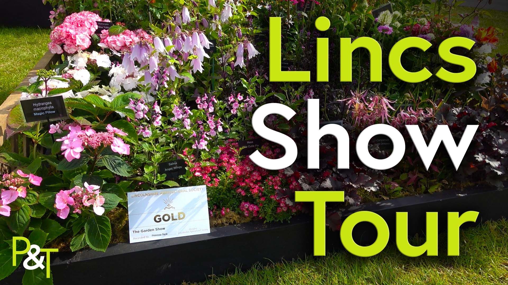 Closeup of a 2m by 2m show garden with gold winning certificate and the text Lincs Show Tour in green and white