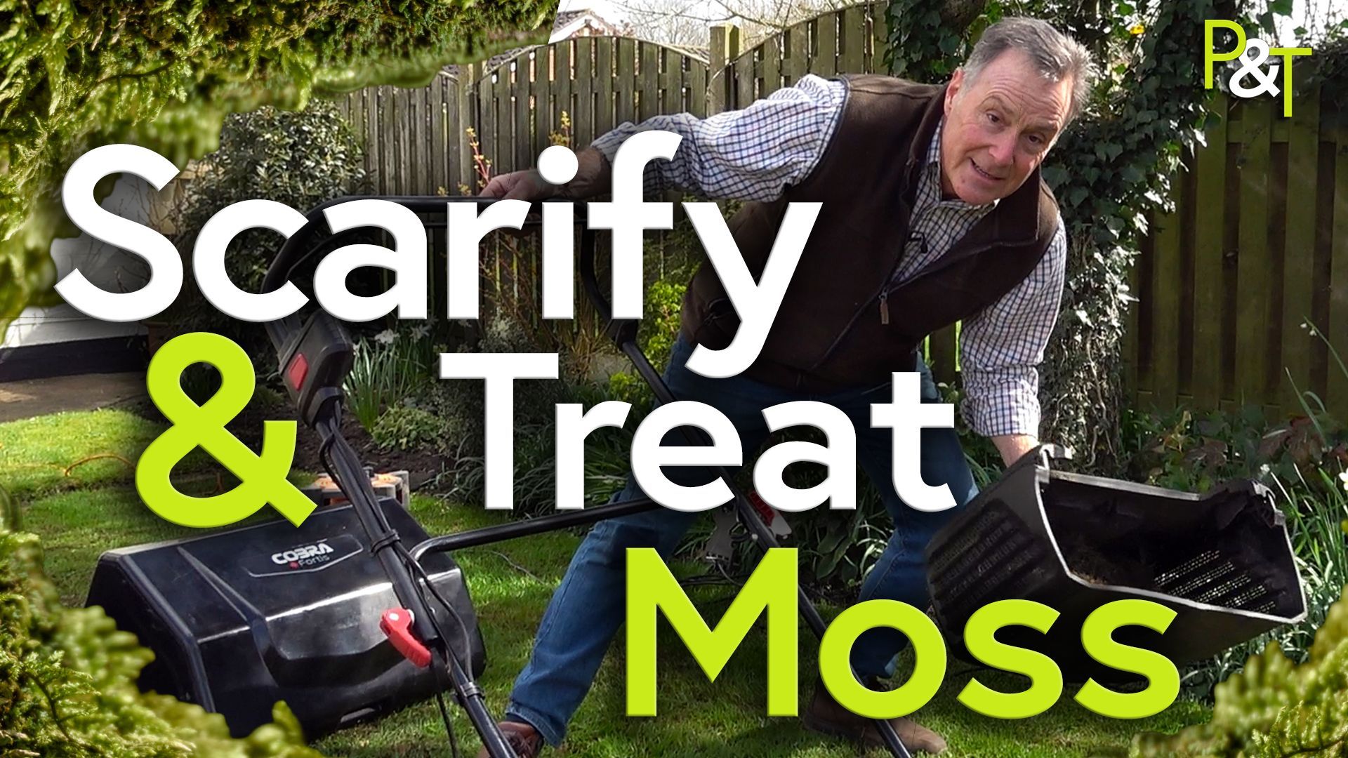 A verdant green garden with Martin Fish the gardener reaching over with the collection box from his mower scarifier which is pictured bottom left. the large white and green text Scarify and Treat Moss