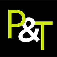 Pots and Trowels Logo featuring a white ampersand in between green letters P and T  