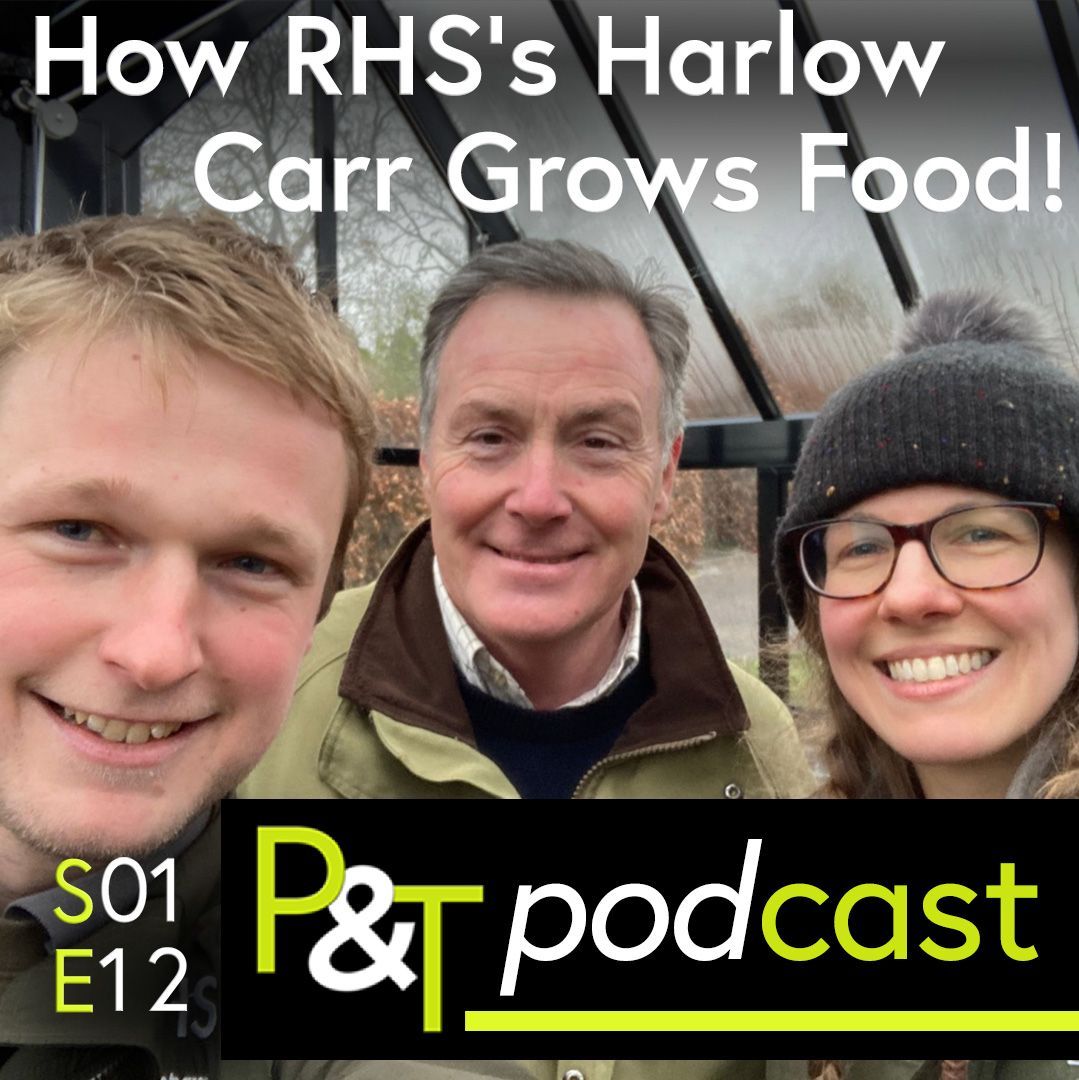 Martin in the centre, a Harlow Carr gardener either side and the text How RHSs Harlow Carr Grows Food