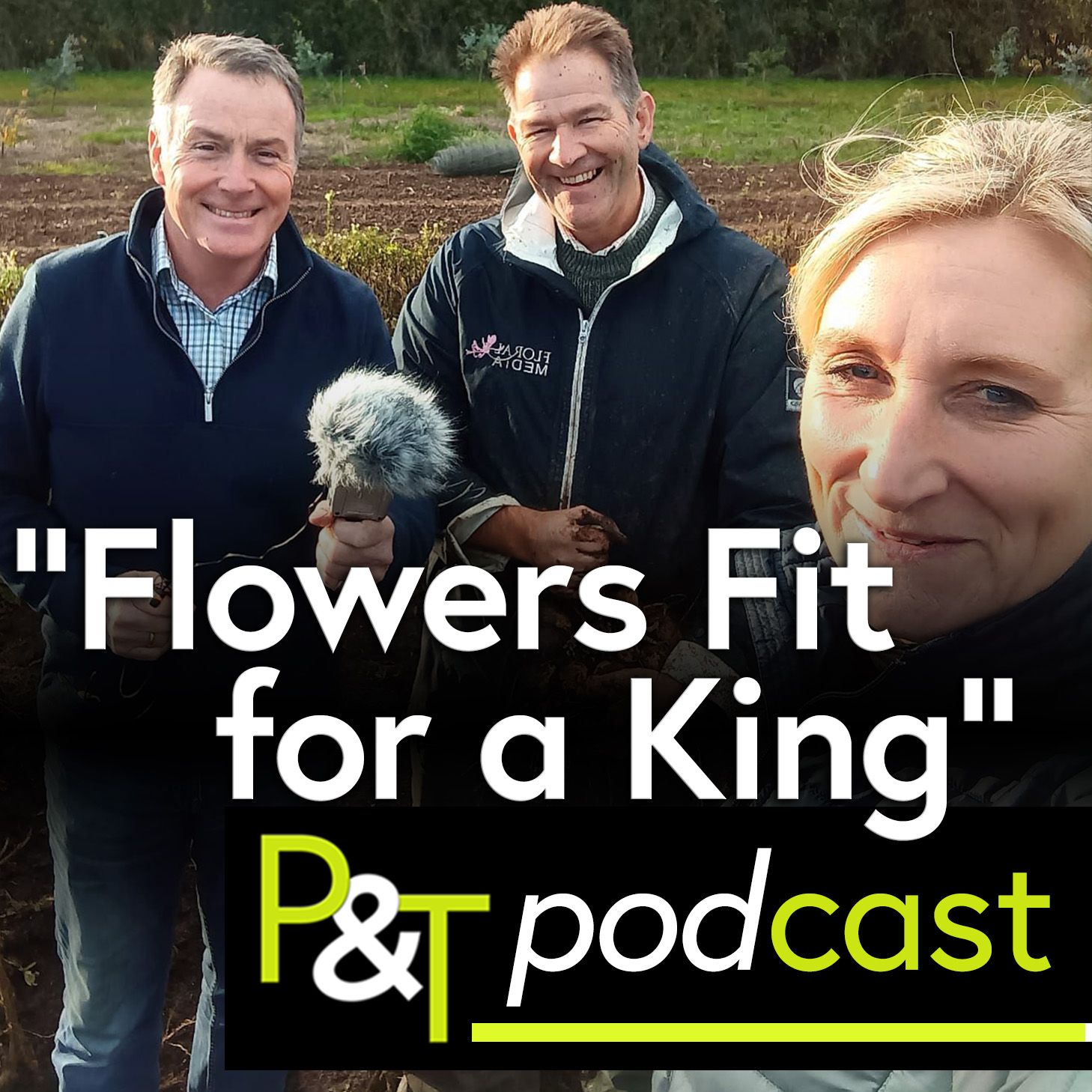 Martin Fish (host), Steve and Paula Routledge standing in a field - Martin has his portable recorder with a fluffy windshield on it. The text