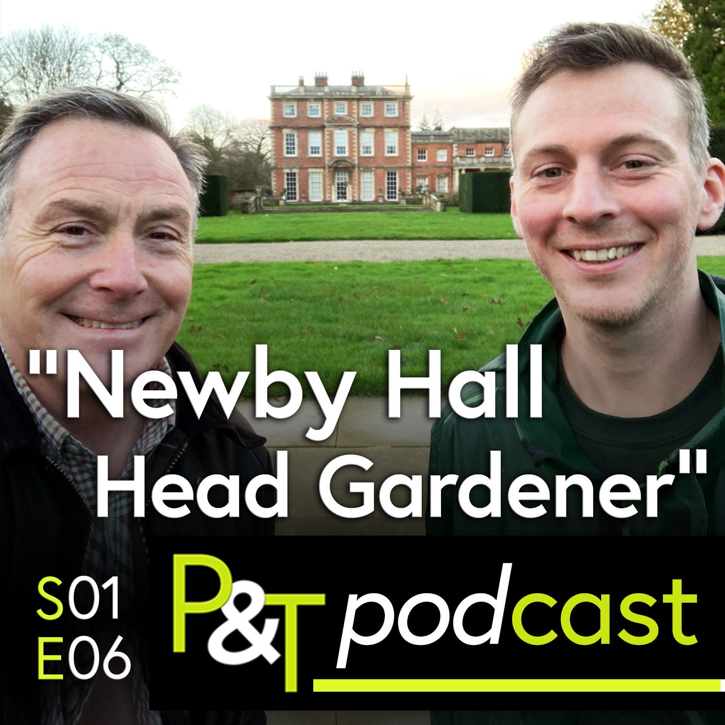 Martin and Lawrence with Newby Hall behind/between them with the text