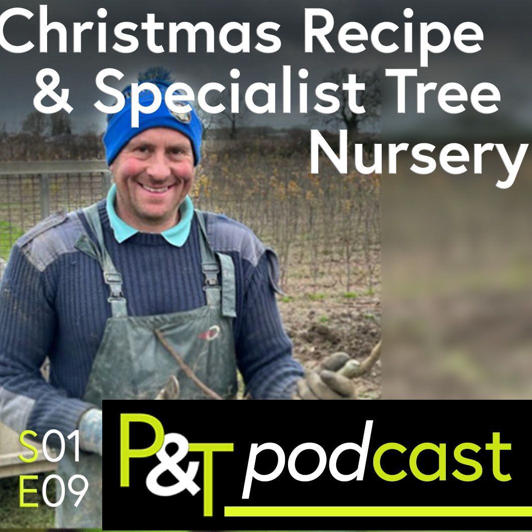 Tree grower Christopher Pike standing in a field holding a bare root tree - the text