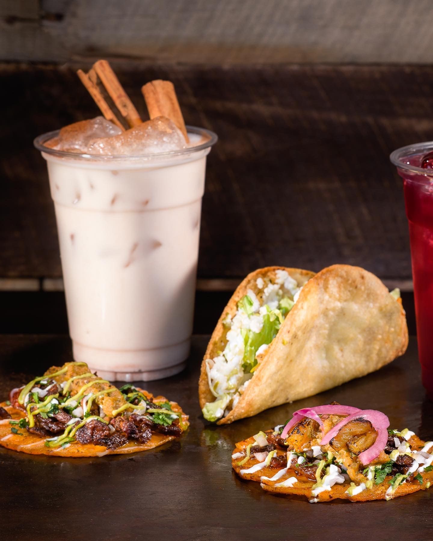 Carne asada, al pastor and potato taco, horchata and jamaica by chubasco tacos 