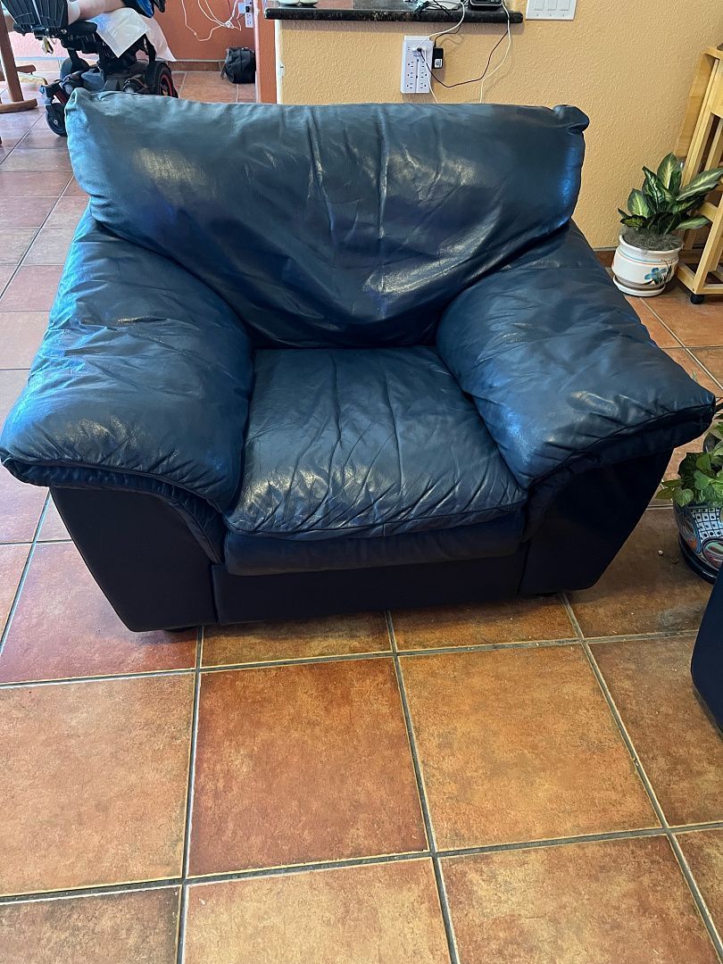 Black leather armchair on a tiled floor, with plants in the background.