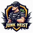 A cartoon illustration of a junk heist logo with a masked man carrying money.
