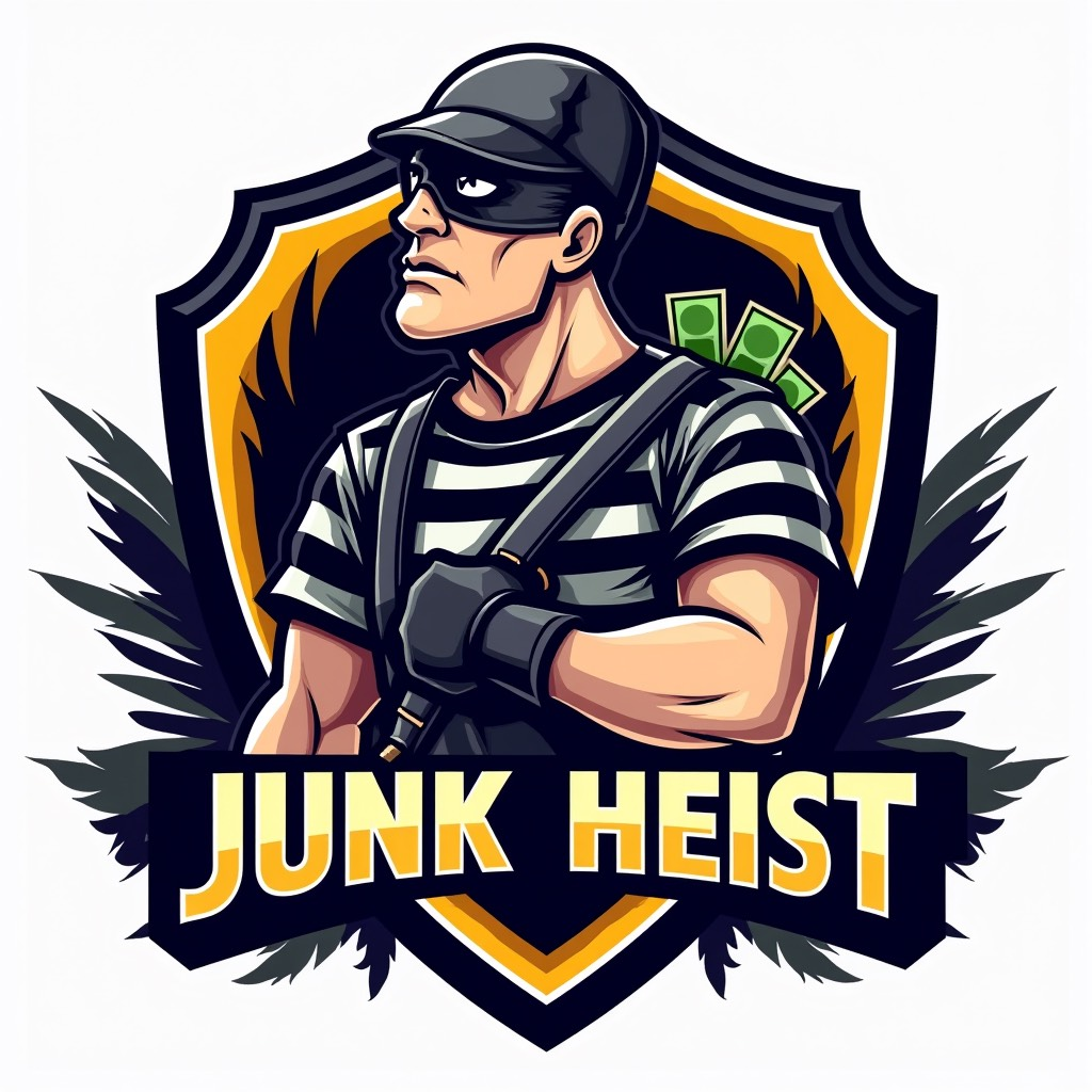 A cartoon illustration of a junk heist logo with a masked man carrying money.