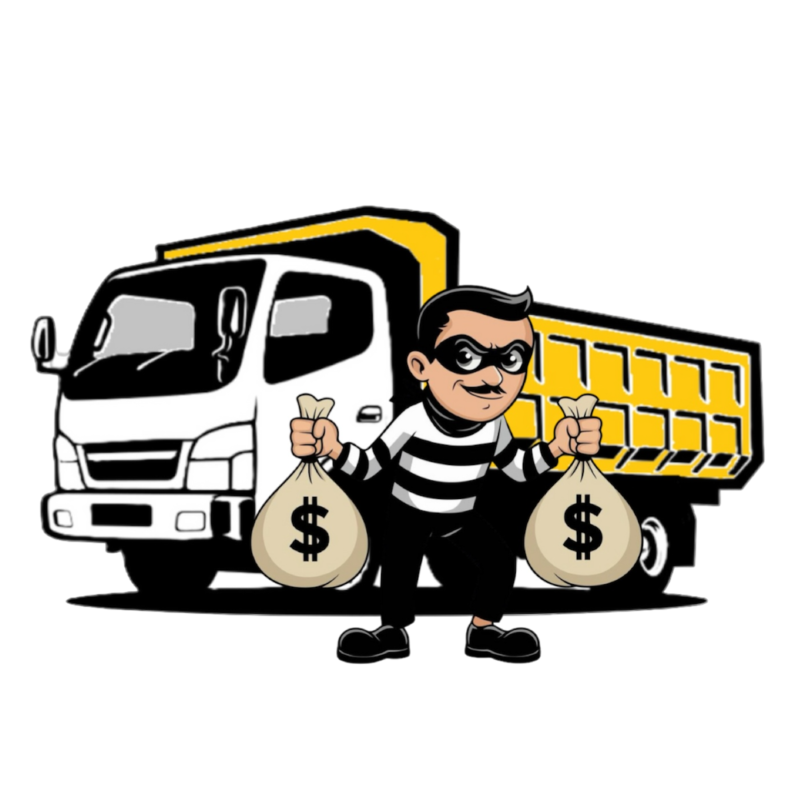 A cartoon of a thief holding bags of money in front of a truck.
