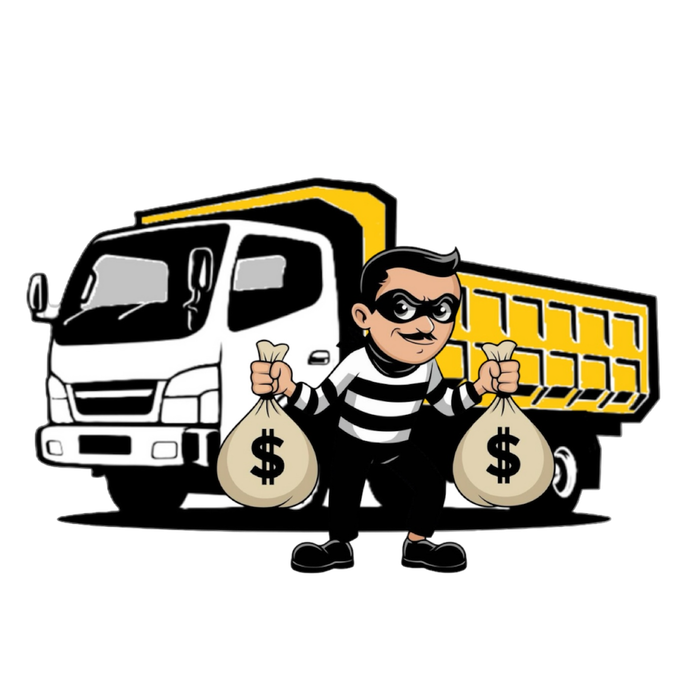 A cartoon of a thief holding bags of money in front of a truck.