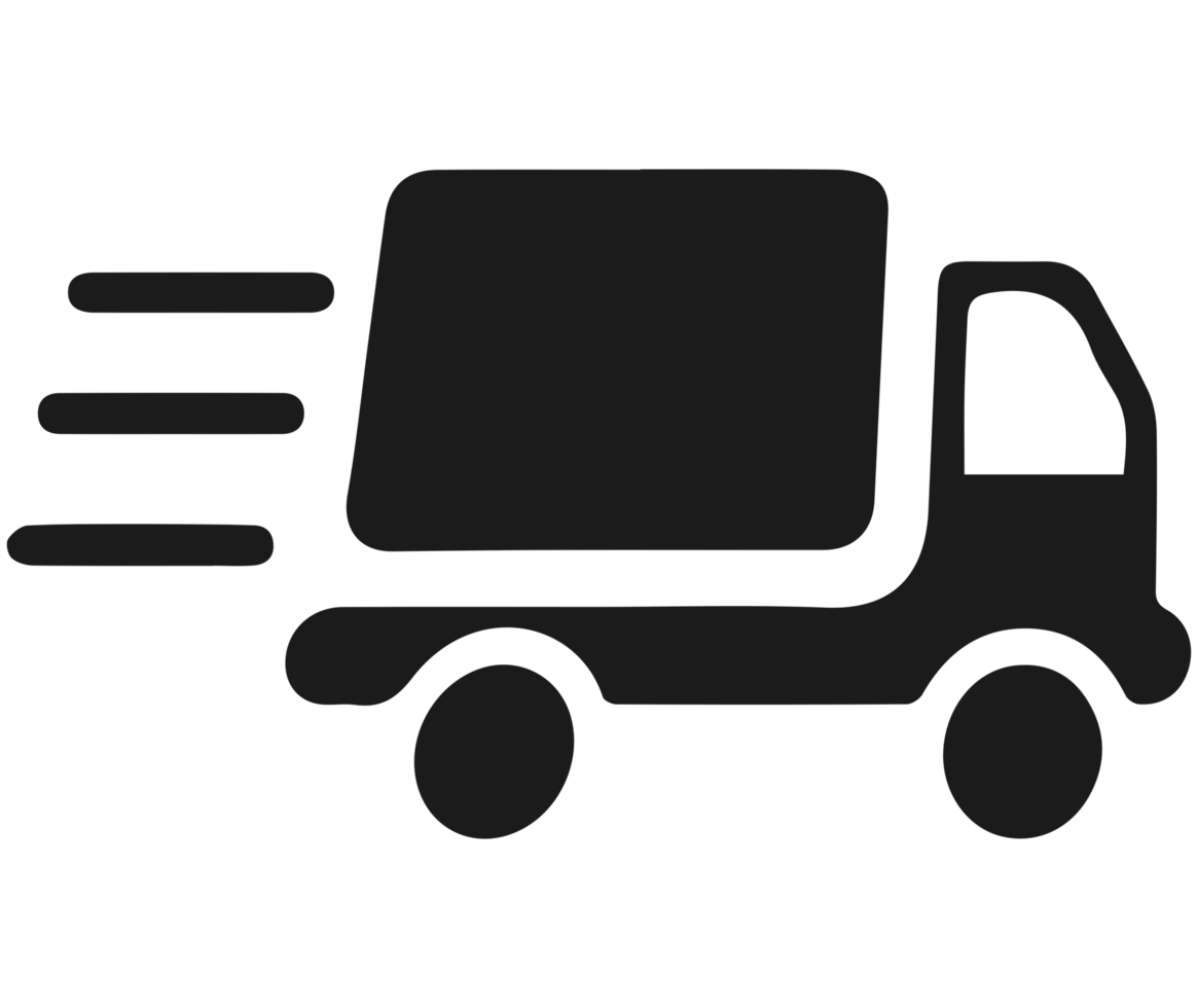 A black and white silhouette of a delivery truck on a white background.