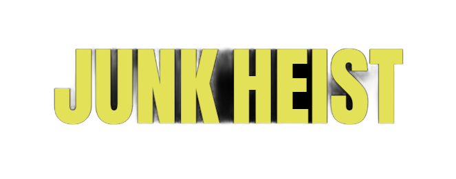 A cartoon illustration of a junk heist logo with a masked man carrying money.
