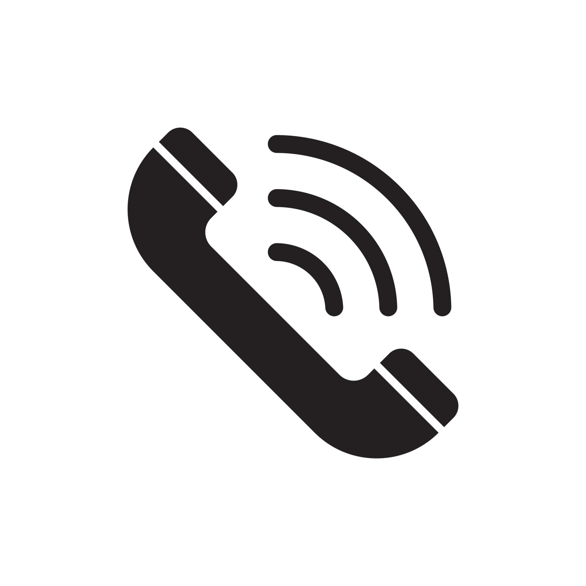 A black and white icon of a telephone with waves coming out of it.