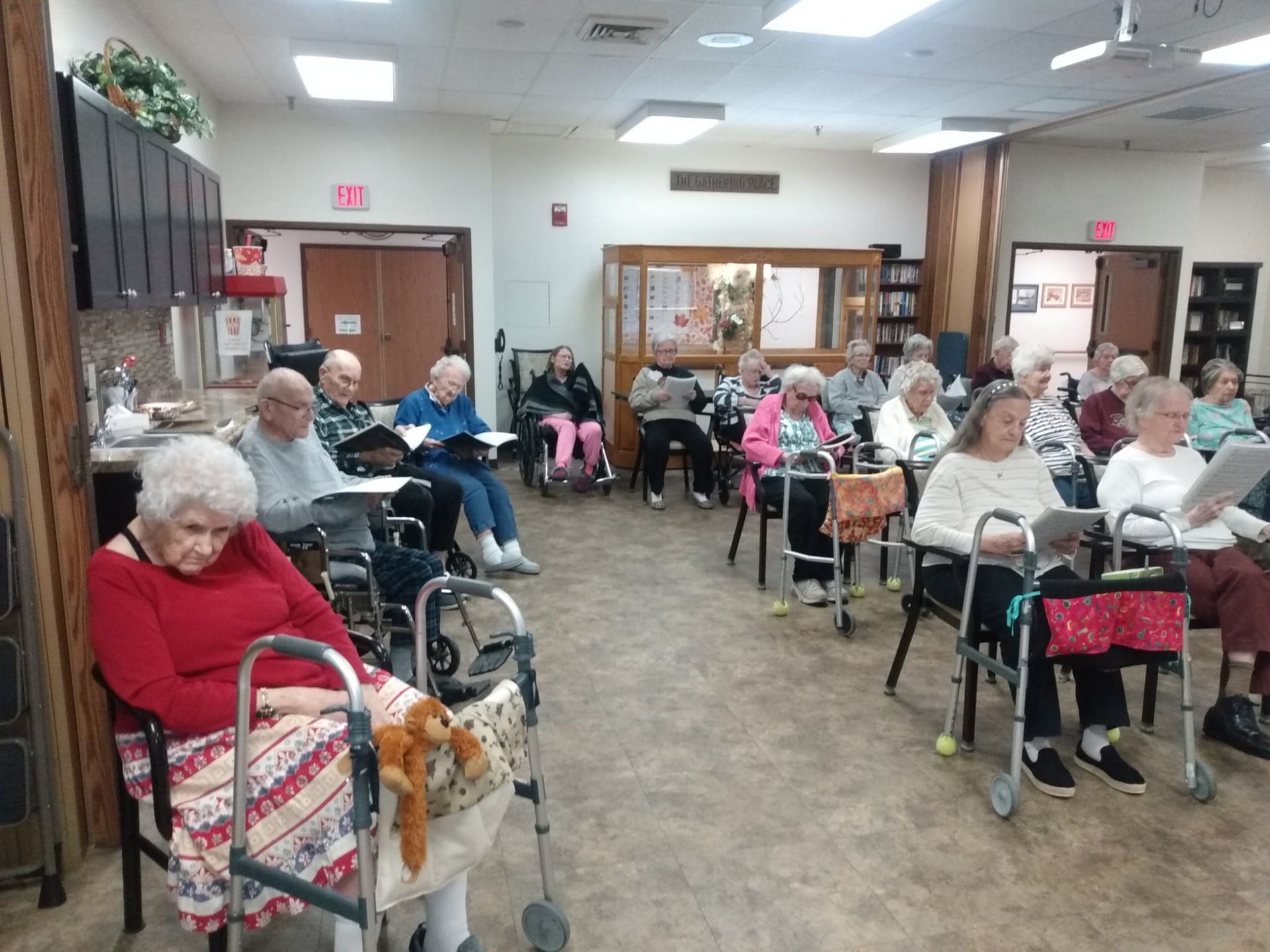 A group of elderly people are sitting in chairs in a room.