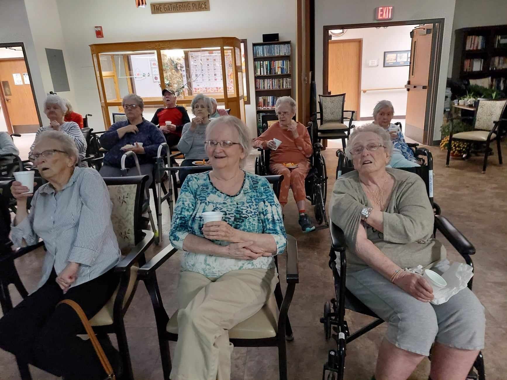 A group of elderly people are sitting in chairs in a room.