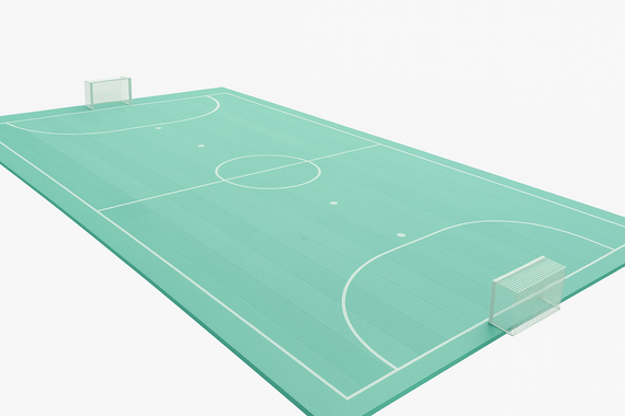 Indoor futsal court, green surface with white lines, goal posts at each end.