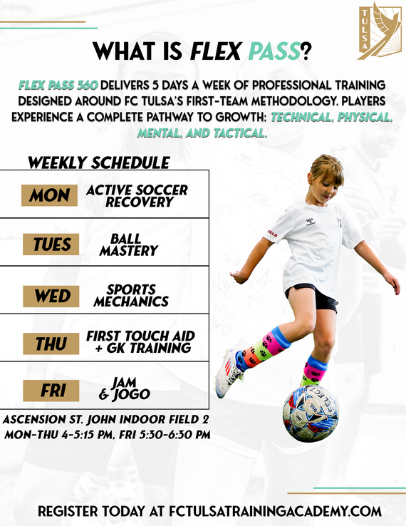 Flyer for Flex Pass soccer training program, a girl kicking a ball. Includes weekly schedule, contact info.