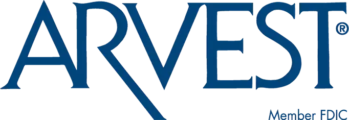 Arvest Bank logo in blue, with 