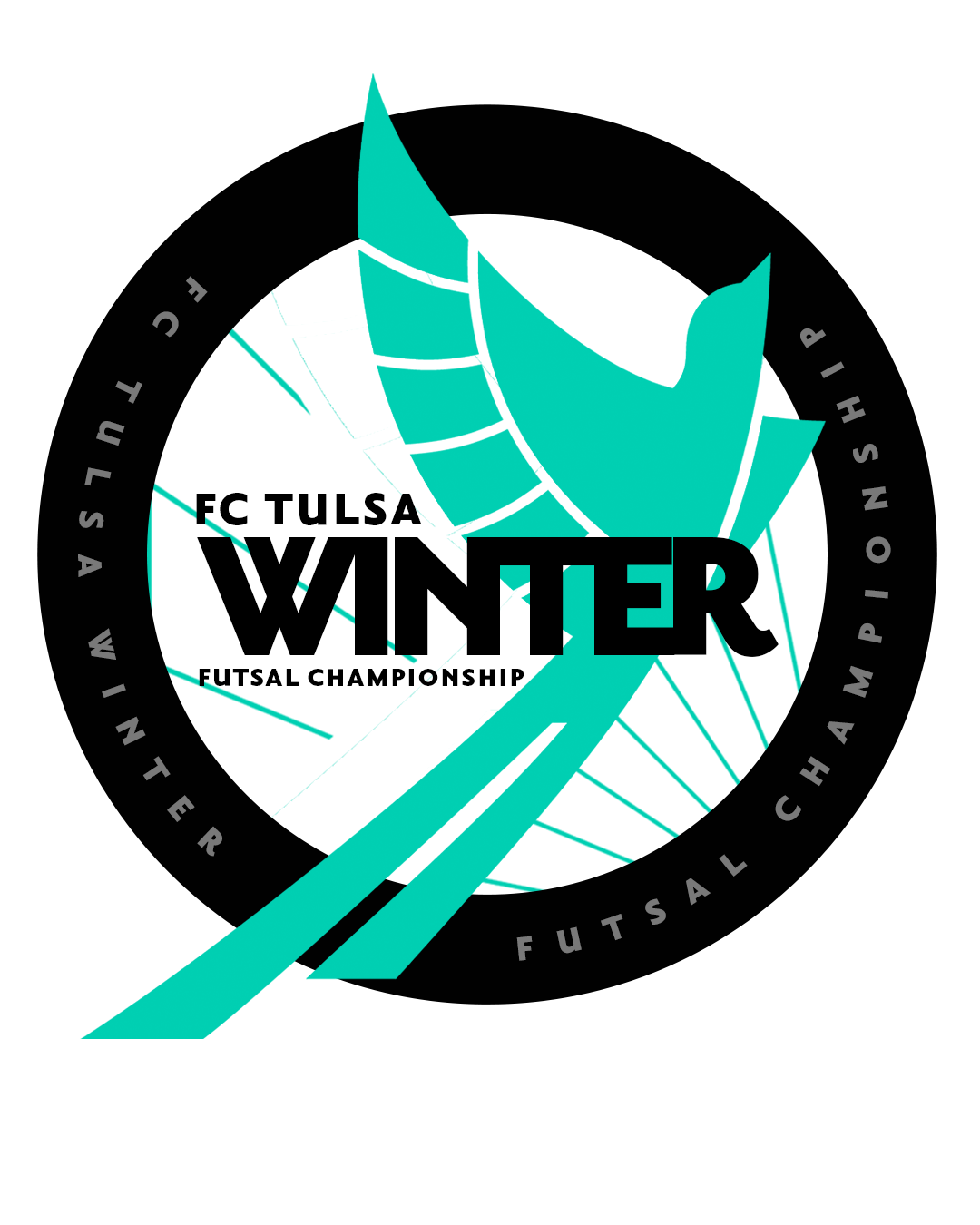 FC Tulsa Winter Futsal Championship logo: black circle with teal emblem, text 