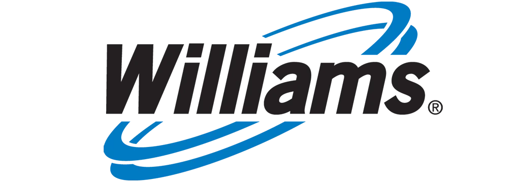 Williams logo with black text and blue curved lines.
