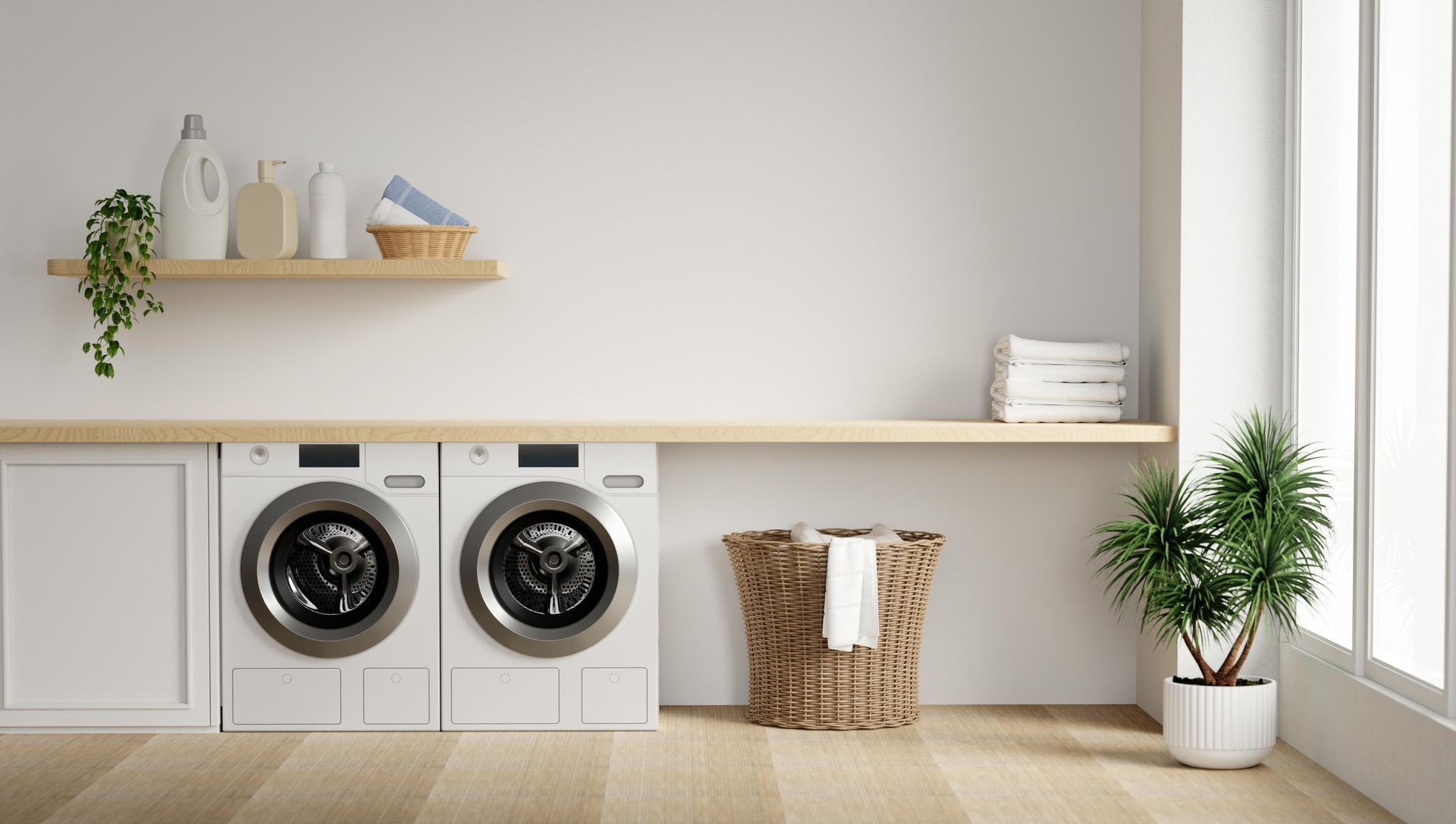 Laundry room with white appliances, wooden shelves, and a woven basket — CK Cabinetry in Coolum Beach, QLD