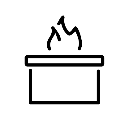 A black and white icon of a box with flames coming out of it.