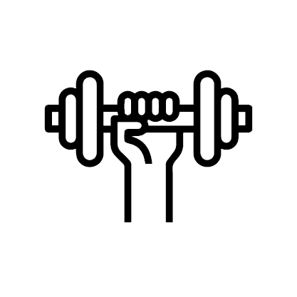 A hand is holding a dumbbell in a line icon.