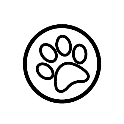 A black and white icon of a paw print in a circle.