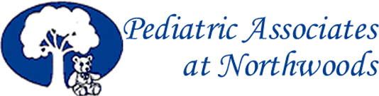 A logo for pediatric associates at northwoods with a tree in the middle