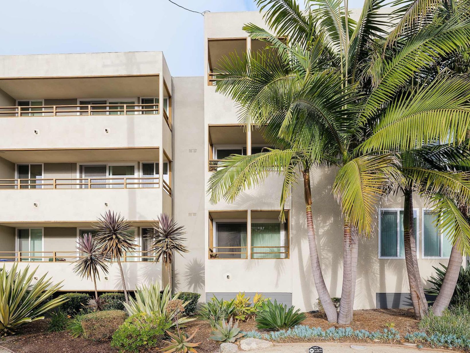Exterior of apartment building with large palm tree adjacent