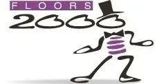 A logo for floors 2000 with a skeleton wearing a top hat and bow tie.