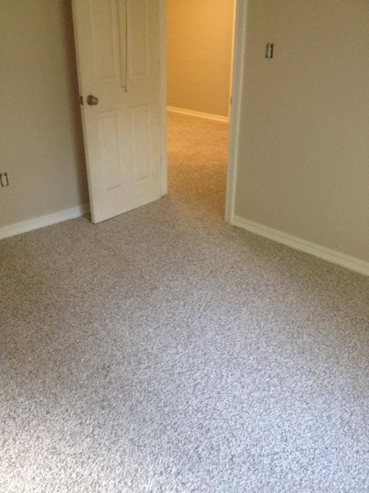 A bedroom with a carpeted floor and a door leading to a hallway.