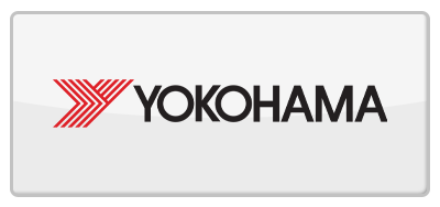Yokohama logo: red chevron lines next to black text, in a white, glossy rectangle.