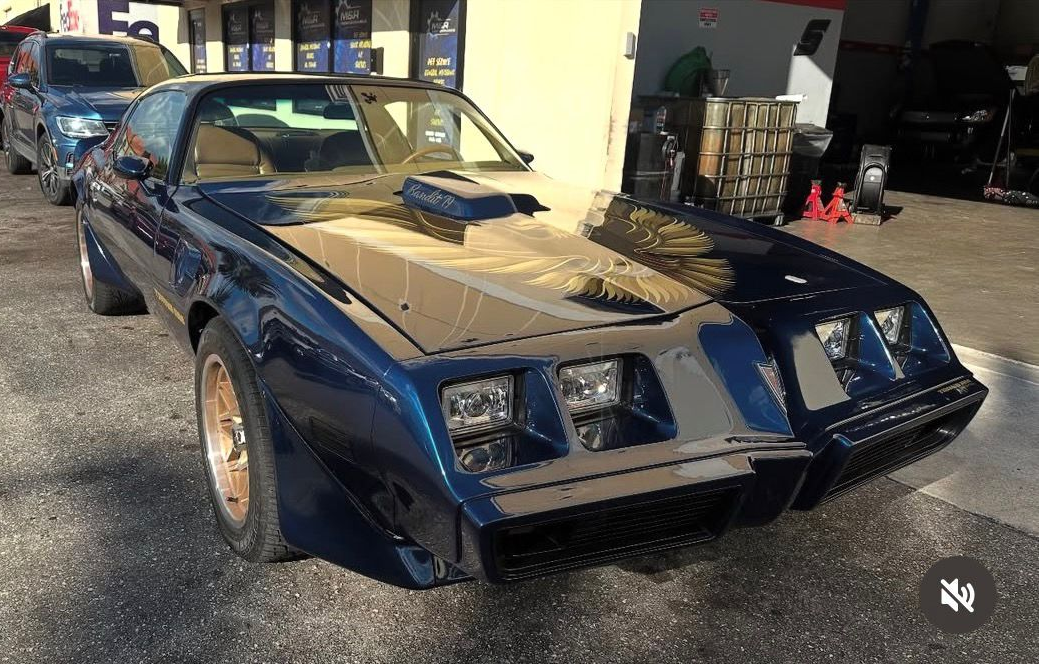 Blue Pontiac Firebird with gold wheels, hood scoop, and black front detailing parked on asphalt.