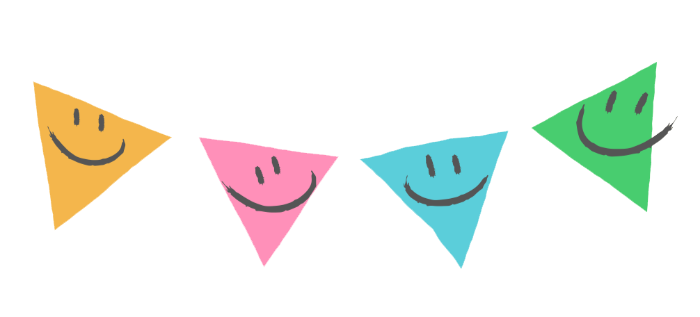 Four colorful triangles with smiling faces, like a party banner.