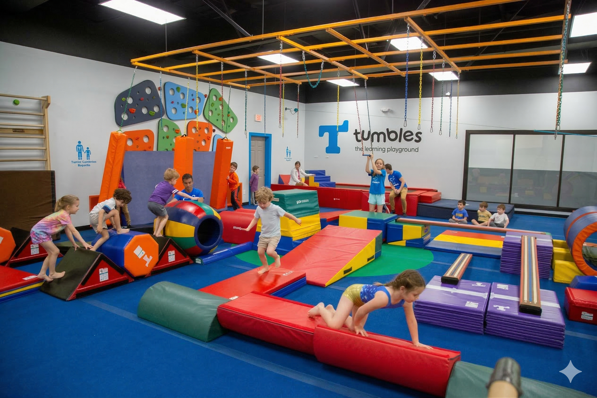 Children in a gymnasium gather around a green mat, with a teacher, interacting and observing.