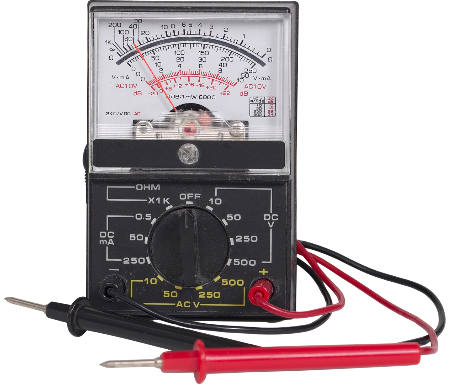 Multimeter with a needle display, black and red test leads, and a rotary dial.