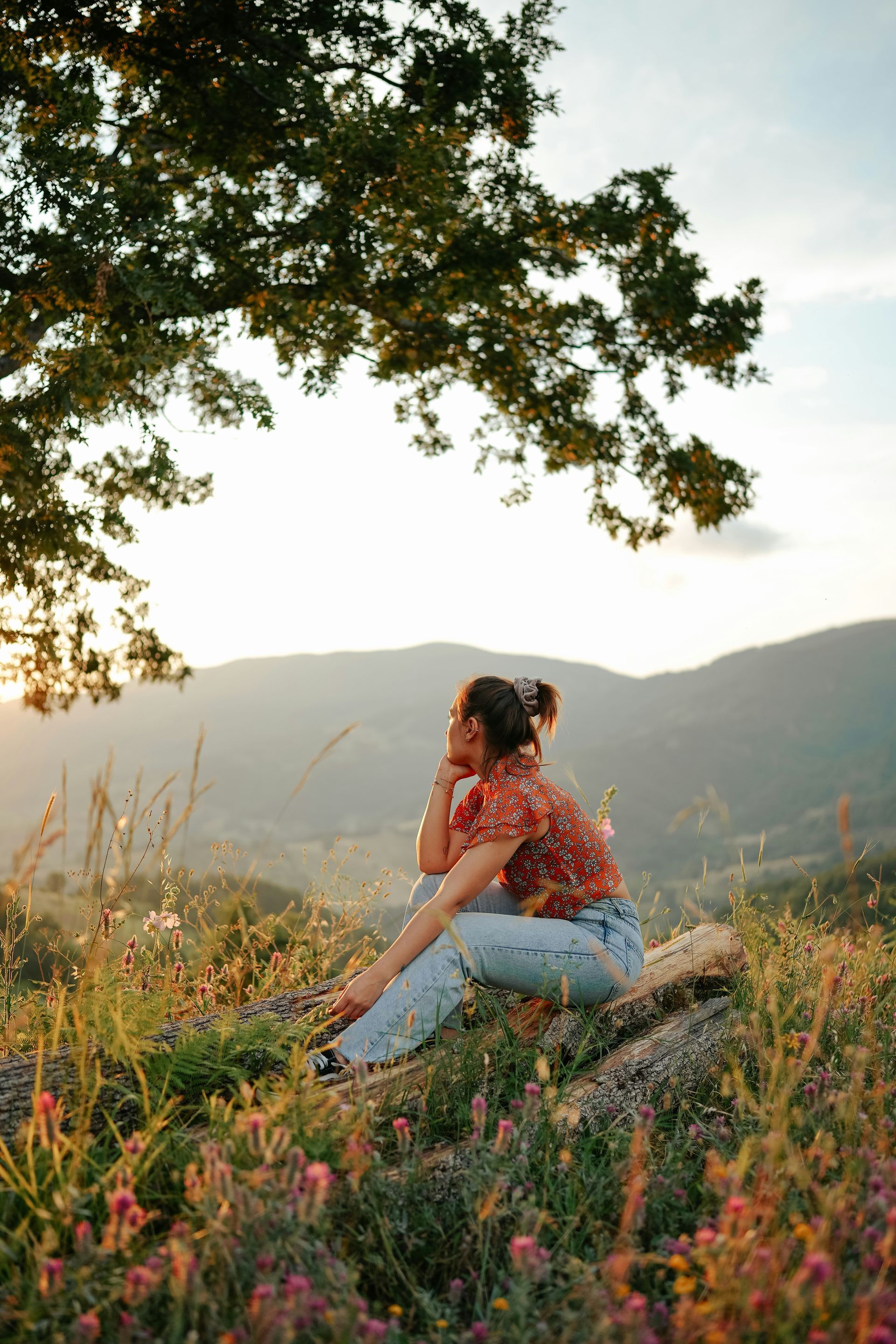 Woman sitting in nature at golden hour, representing the peaceful self-reflection that individual therapy with a Sacramento therapist for women can offer.
