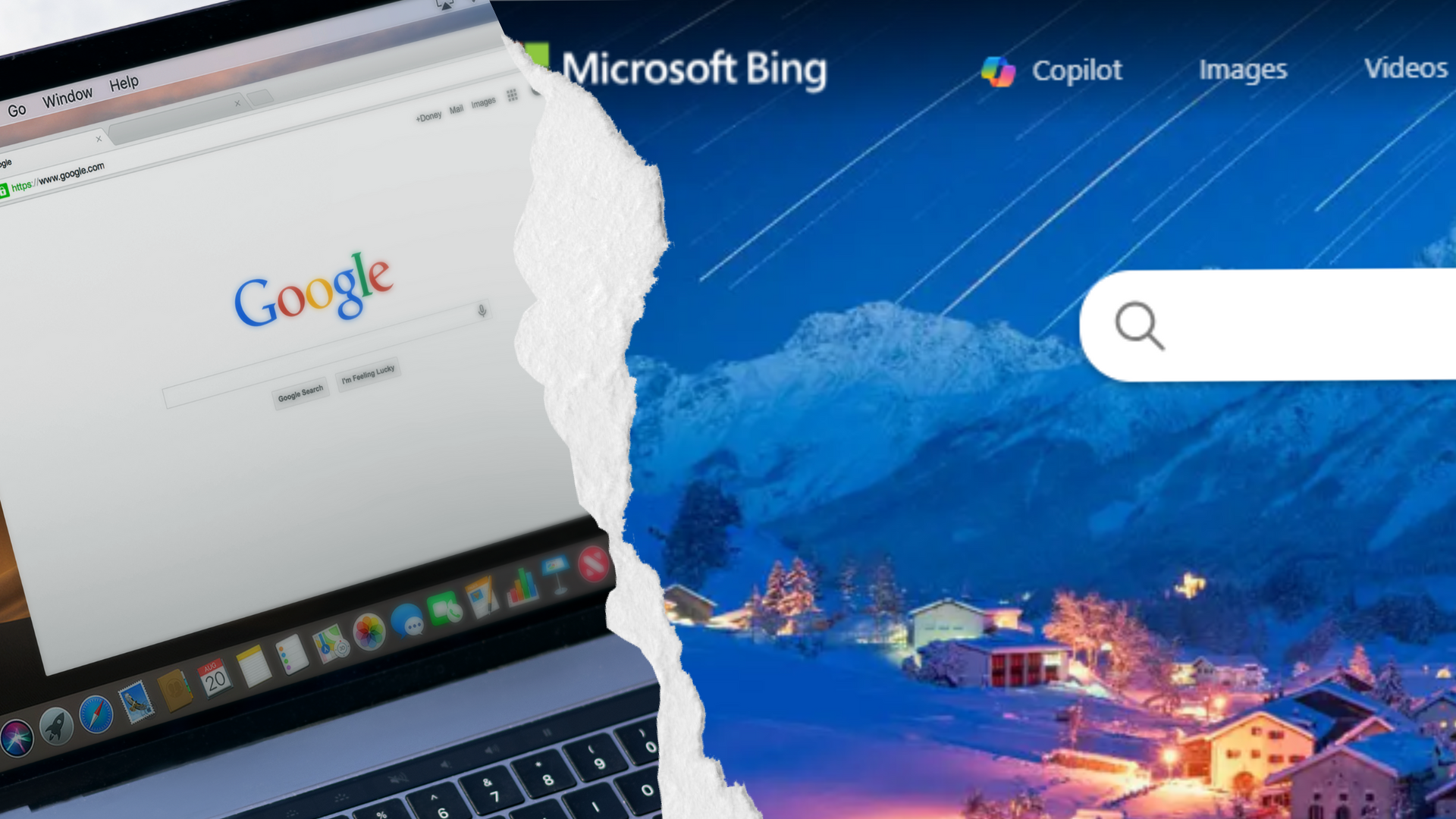 A laptop is open to a google page next to a microsoft bing page.