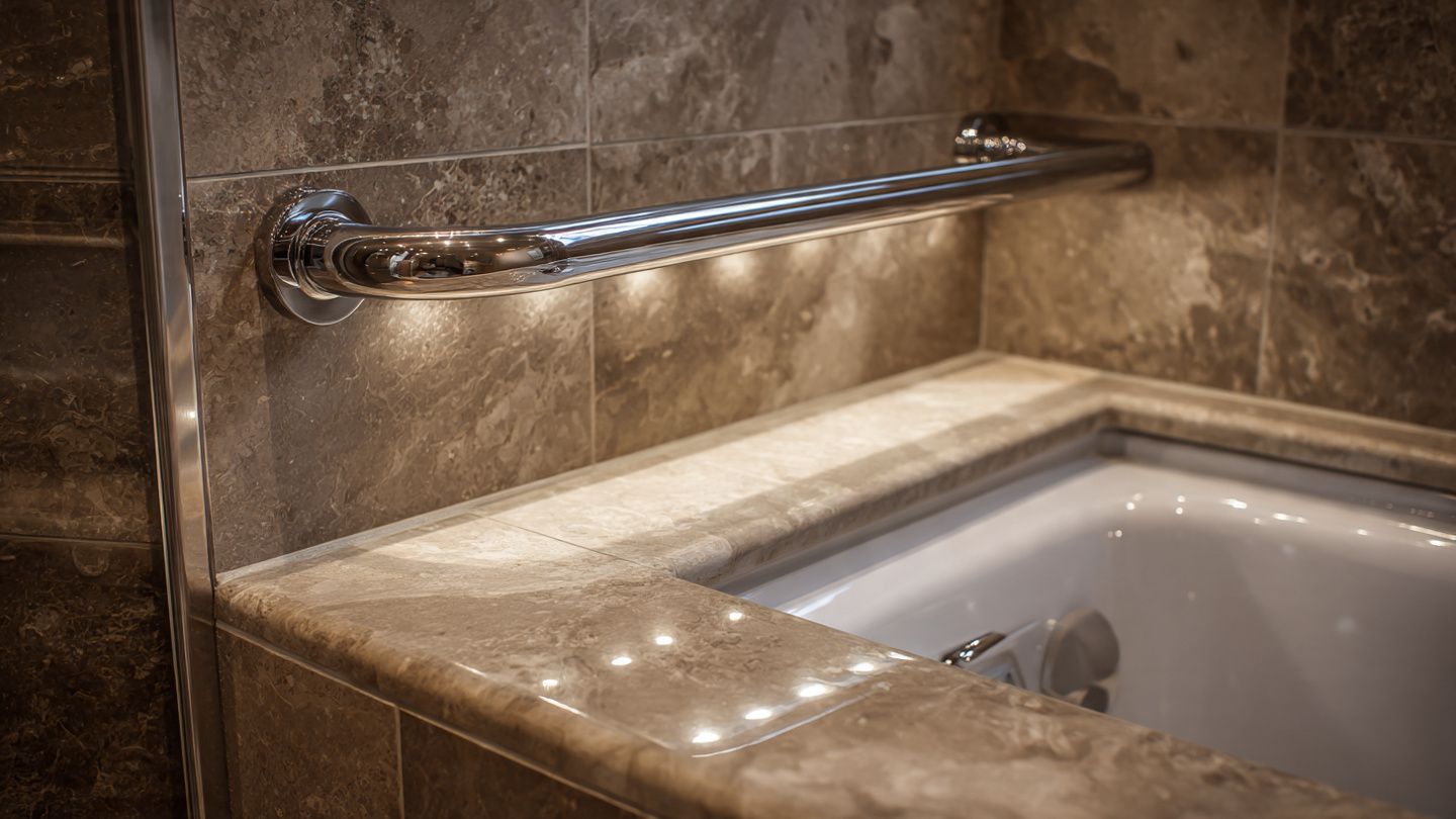 A chrome grab bar is mounted horizontally on a brown tiled wall above the edge of a white bathtub.