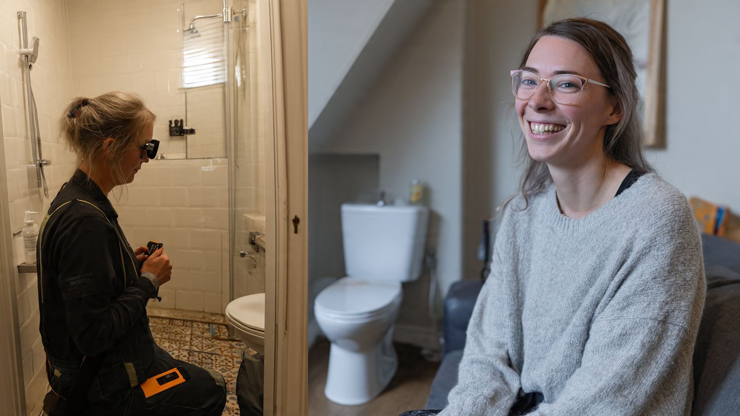 Two women in separate bathrooms, one brushing teeth and one smiling in a gray sweater.