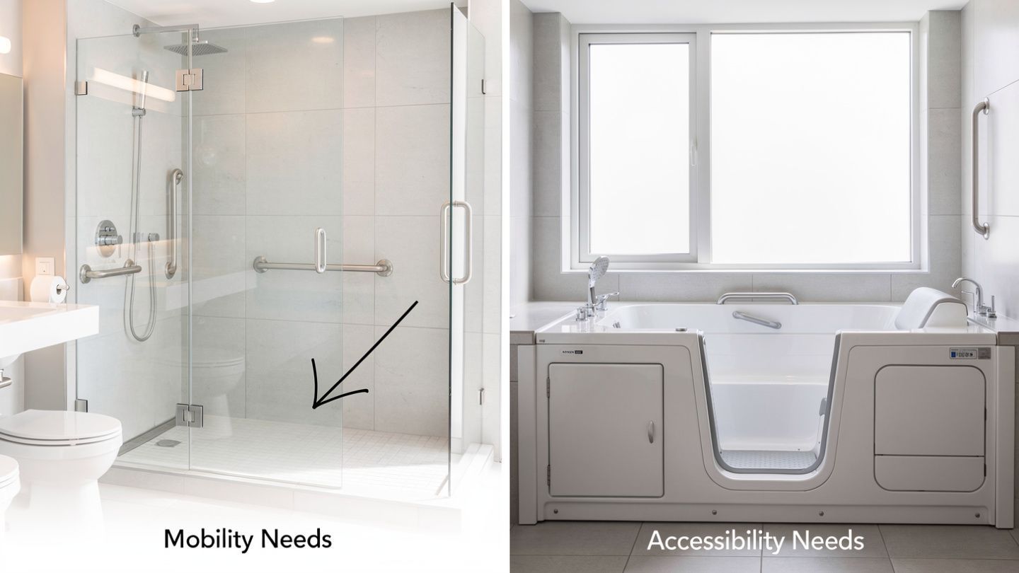 Side-by-side accessible bathroom designs with shower bench and lowered sink, labeled mobility needs and accessibility needs