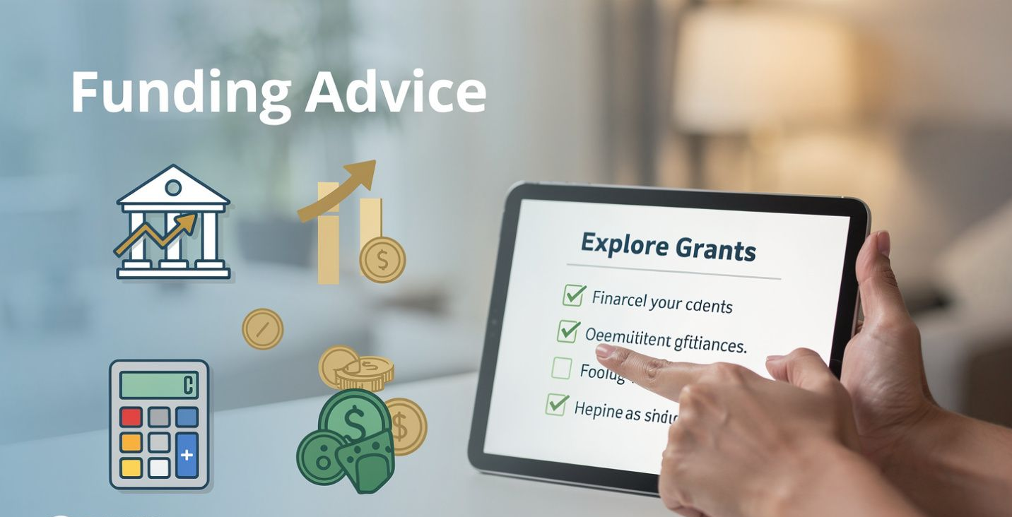 Funding Advice graphic with icons and a hand holding a tablet showing a grant checklist