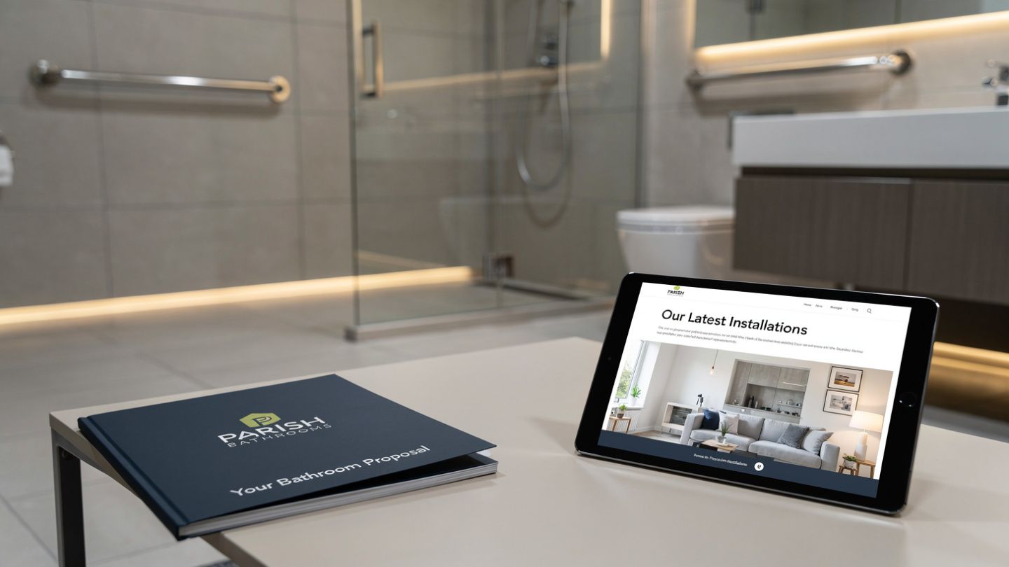 Tablet on bathroom counter beside a dark booklet, showing a hotel spa webpage.