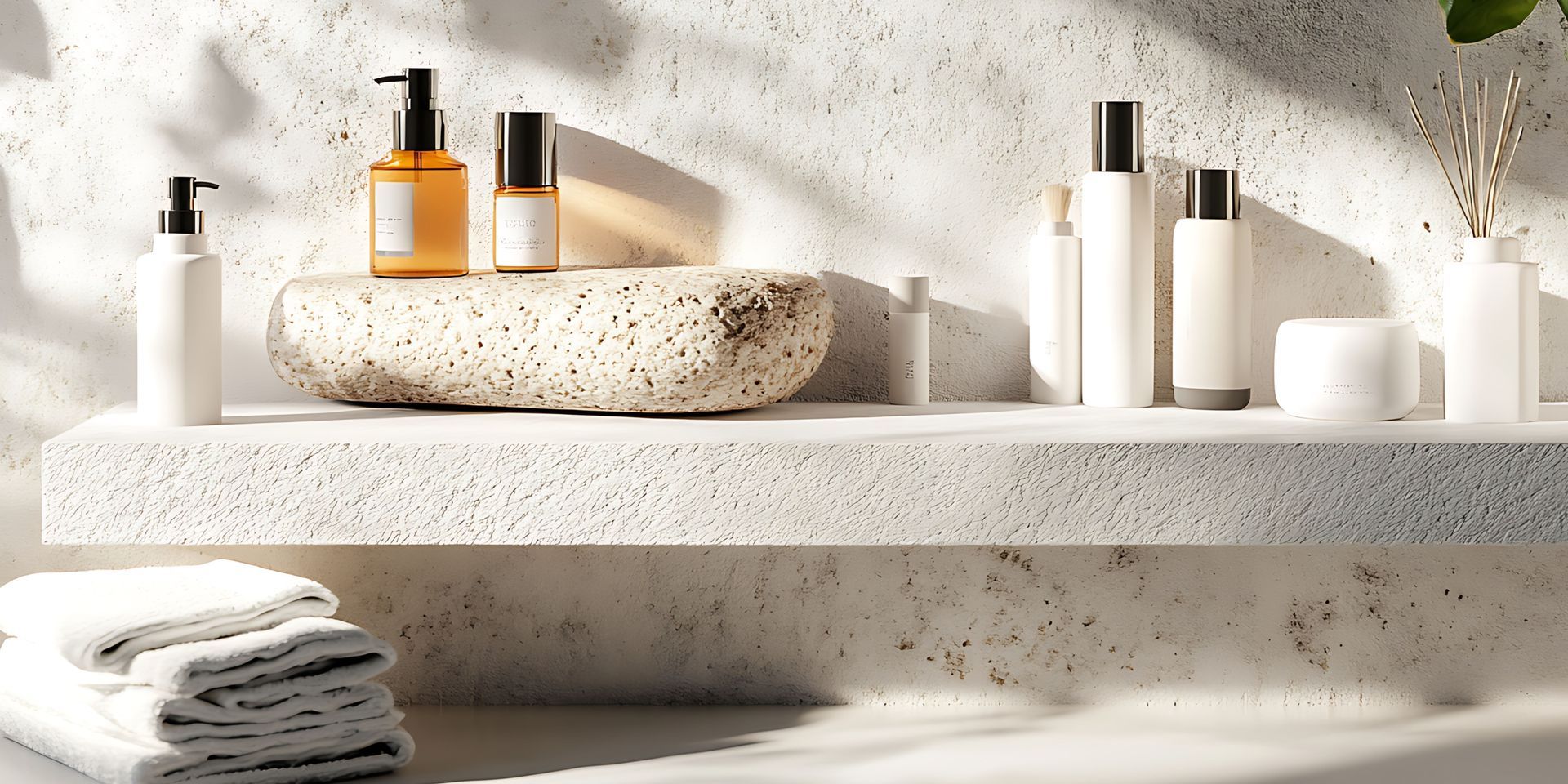 A minimalist bathroom shelf with various skincare products, towels, and a decorative stone.