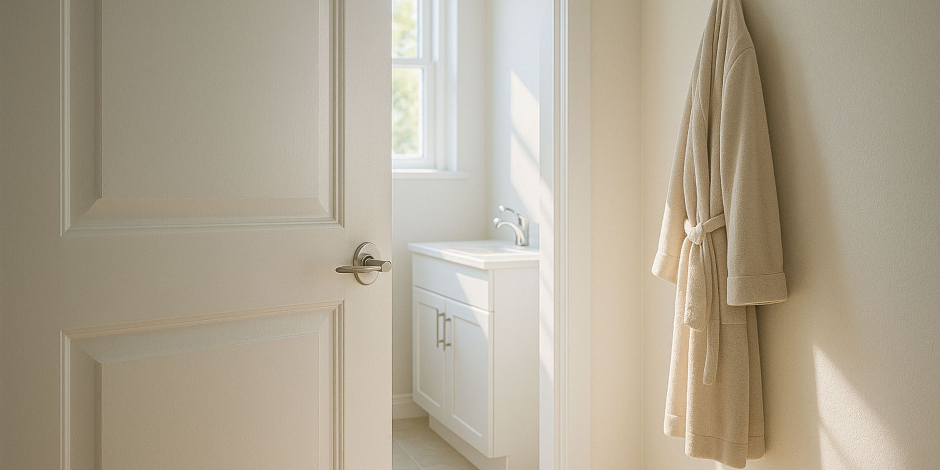 A robe is hanging on a wall in a bathroom next to a sink.