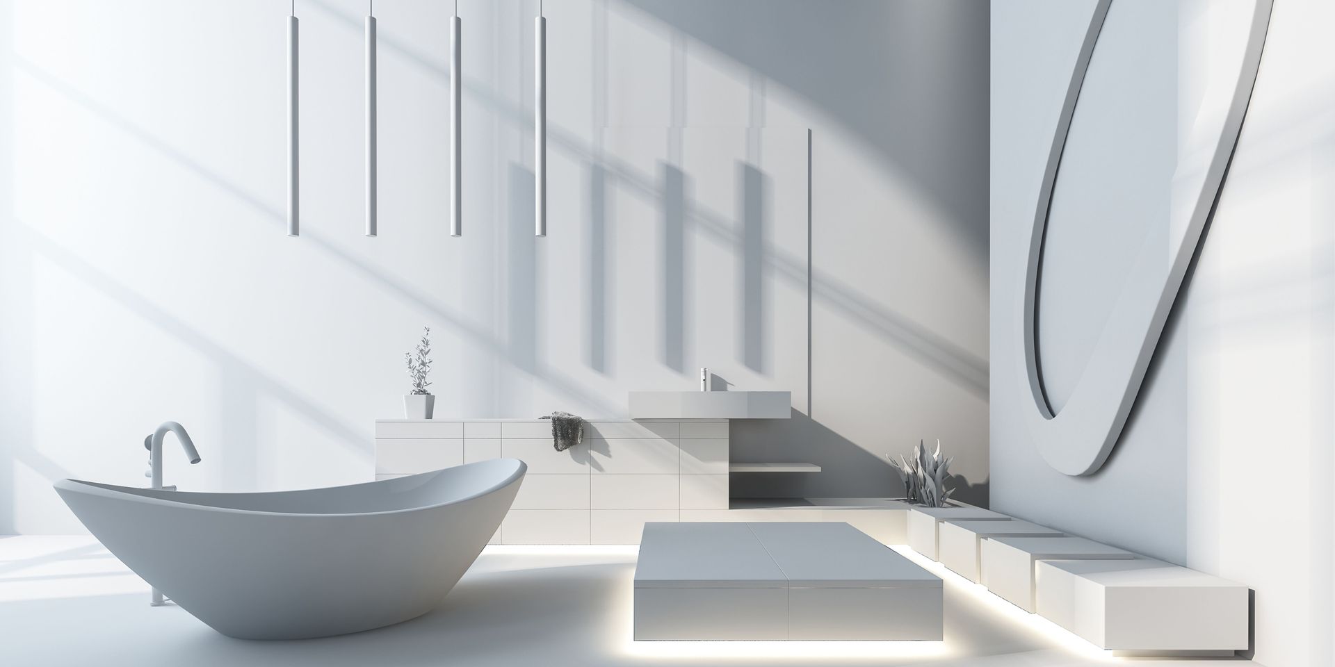 Modern all-white bathroom with oval bathtub, floating vanity, and bench seating.