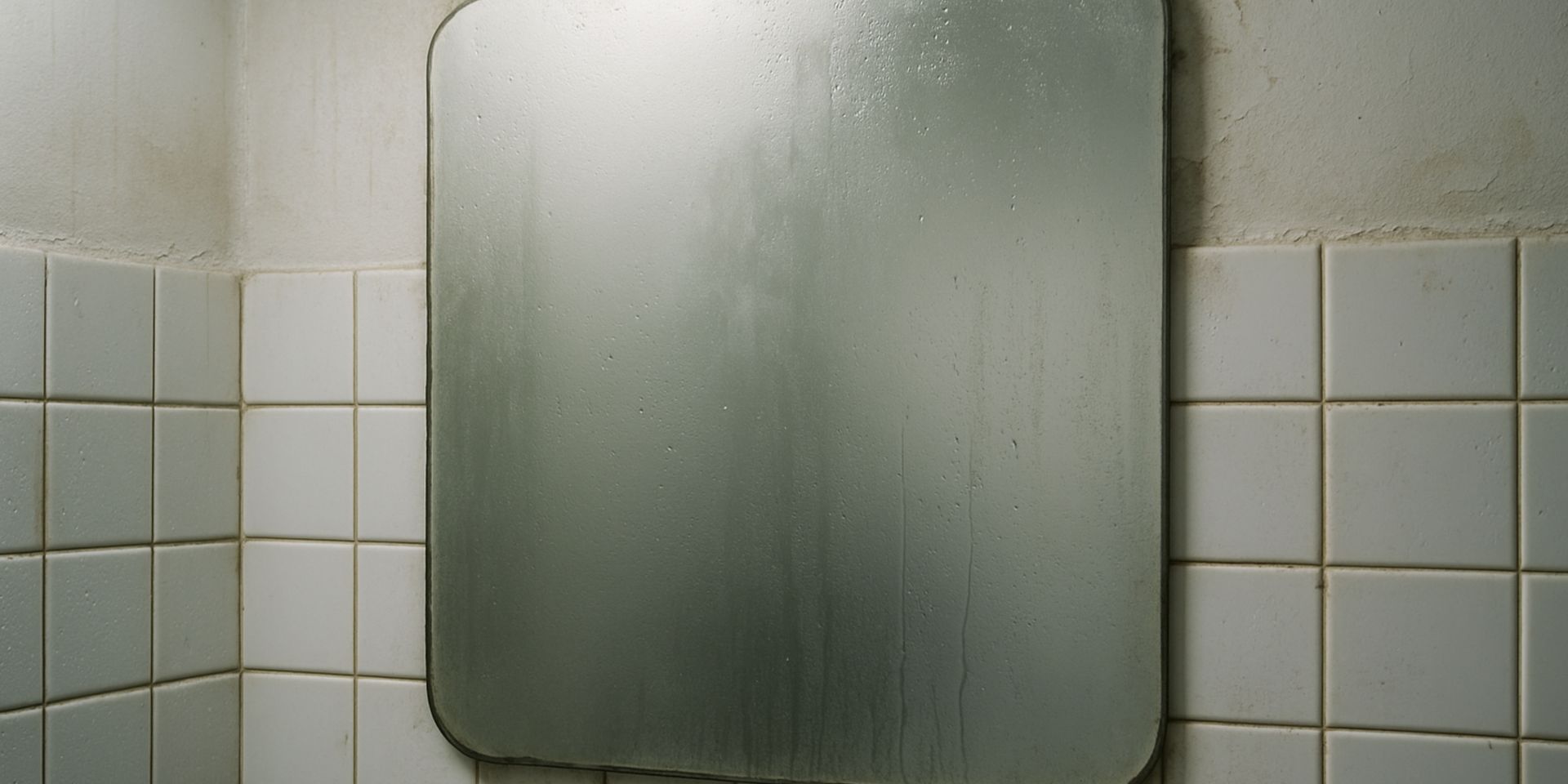 A bathroom mirror is hanging on a tiled wall.