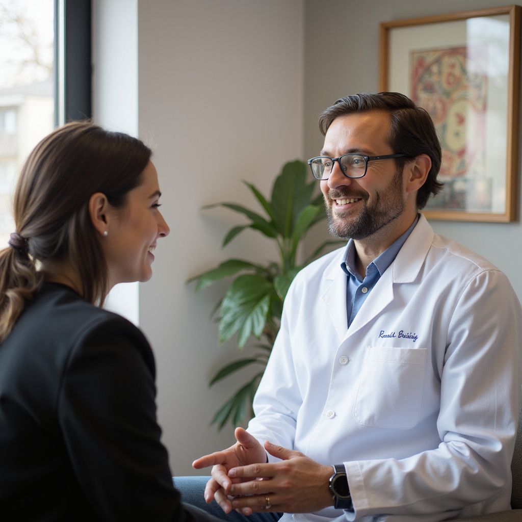 A doctor in a white coat smiles at a woman in a business suit, talking in a medical office.