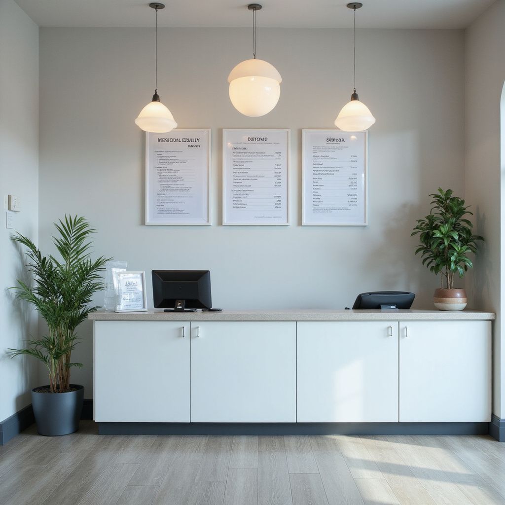 A modern reception area with a white counter, menus, potted plants, and pendant lights.