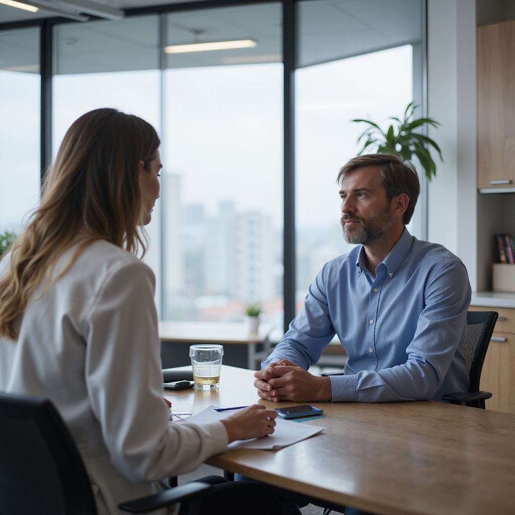 Woman interviewing a man in a modern office. Both are seated, papers on desk, city view.